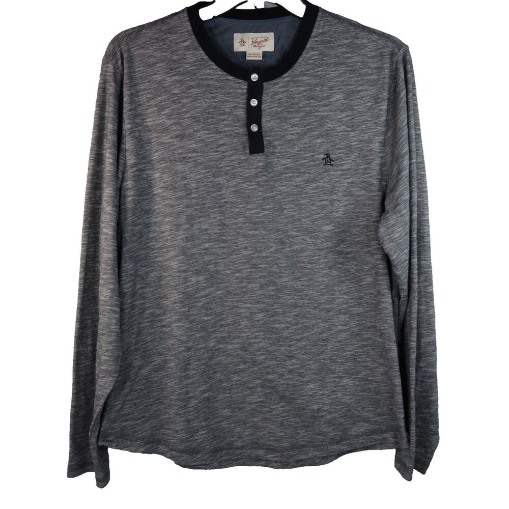 Original Penguin Long Sleeve Henley Shirt Mens Sz XL Black Heather Cotton Blend